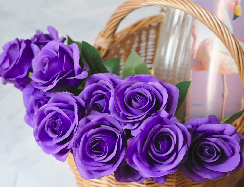 DuHouse 10pcs Fake Roses Artificial Silk Flowers Faux Rose Flower Long Stems Bouquet for Arrangement Wedding Centerpiece Party Home Kitchen Decor(Purple) - Image 2